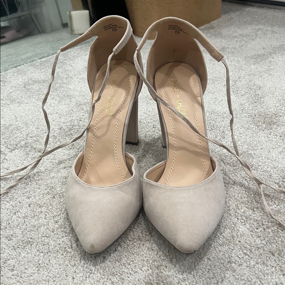 Chase + Chloe size 11 pointed toe suede ankle tie heels.